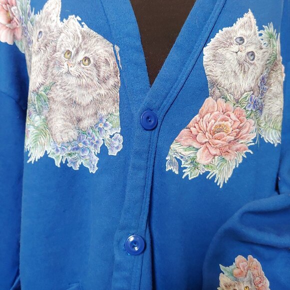 Cat Cardigan Cobalt Blue Kitschy Grandma Button up - Picture 4 of 6